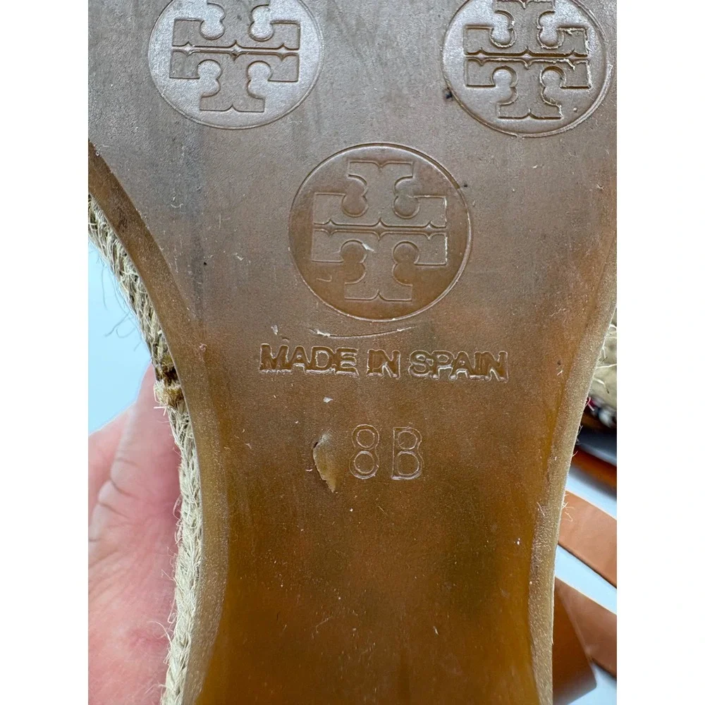 Tory Burch Espadrille Wedge Sandals Womens 8B Pink Tan Good Leather Canvas Spain